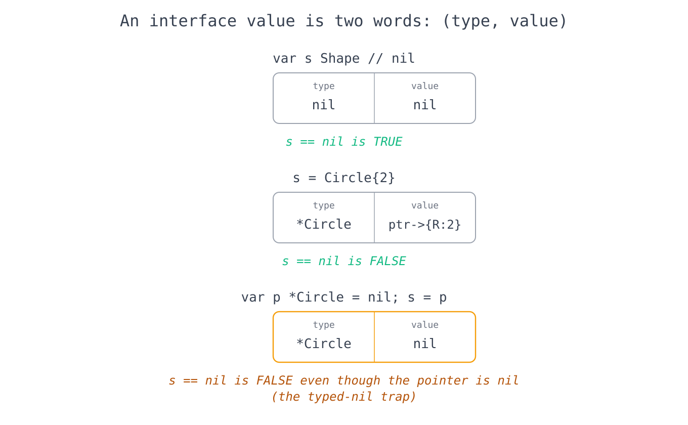 A Go interface value shown as a type word and a value word, illustrating the typed-nil trap